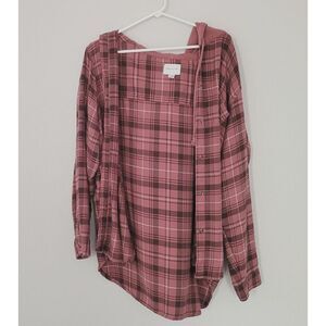 American Eagle Burnt Orange Plaid Hooded Flannel Size Extra Large